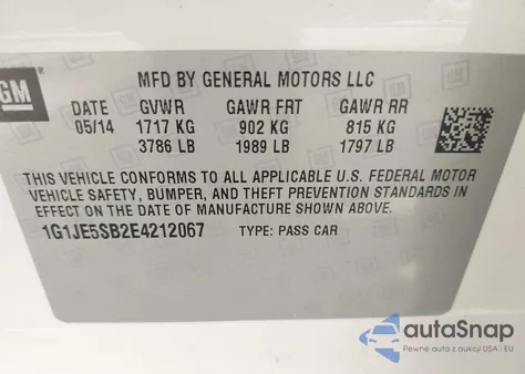 2014 Chevrolet Sonic Ltz Auto z USA, uszkodzony, nr VIN 1G1JE5SB2E4212067